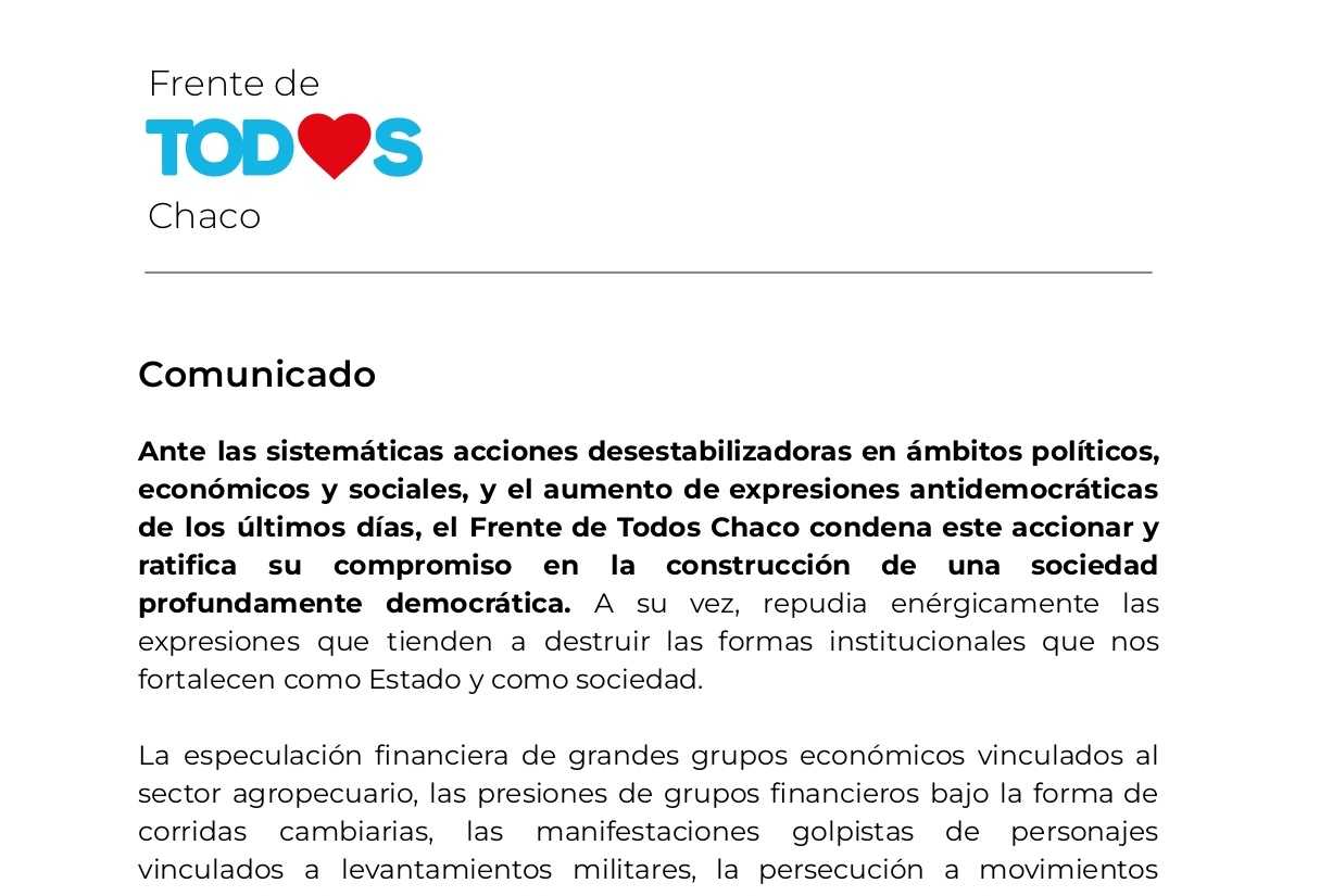 El Frente de Todos Chaco repudia “acciones sistemáticas de desestabilización” y ratifica compromiso democrático