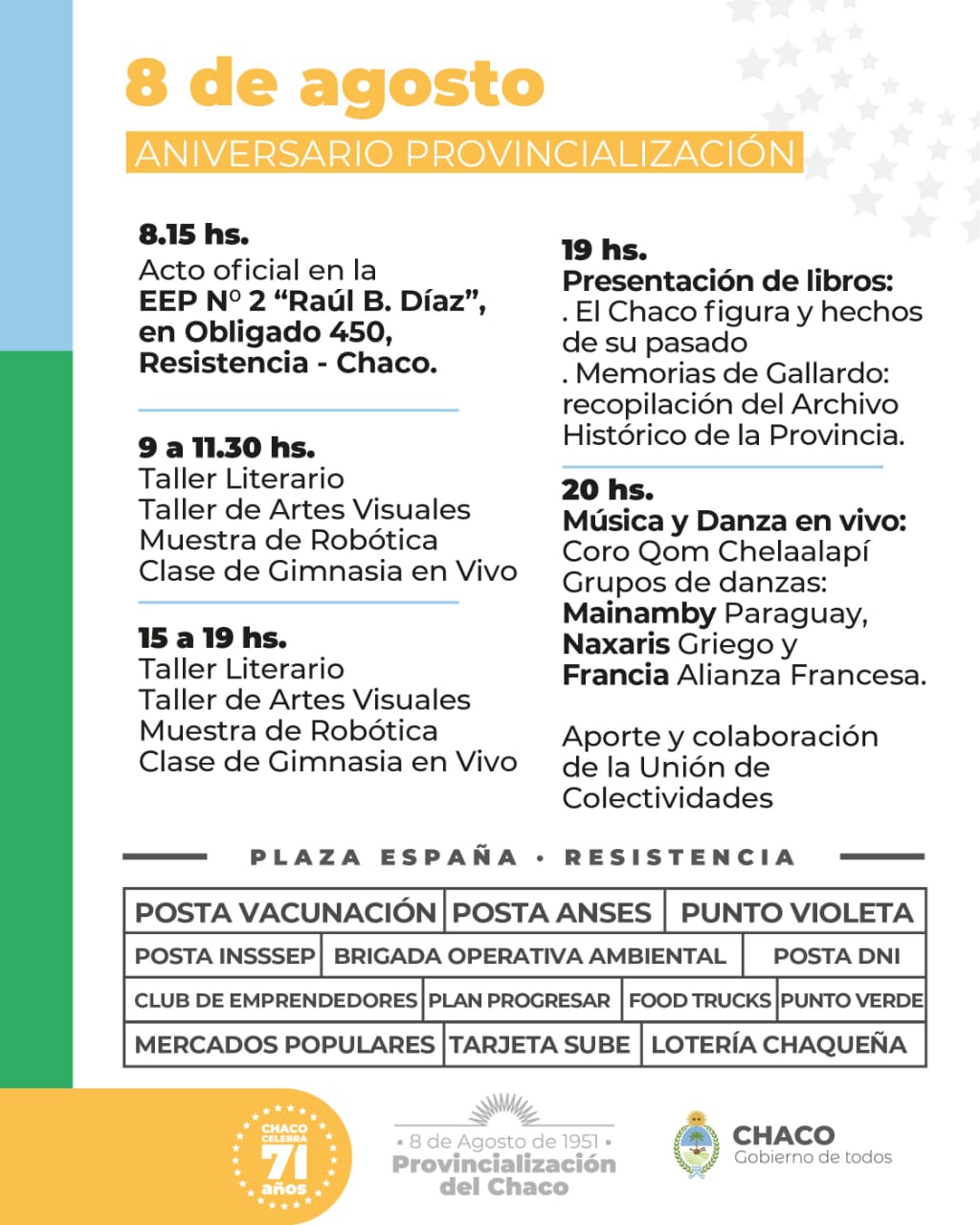 Chaco, 71 años: Agenda de actividades para este lunes 8 de agosto