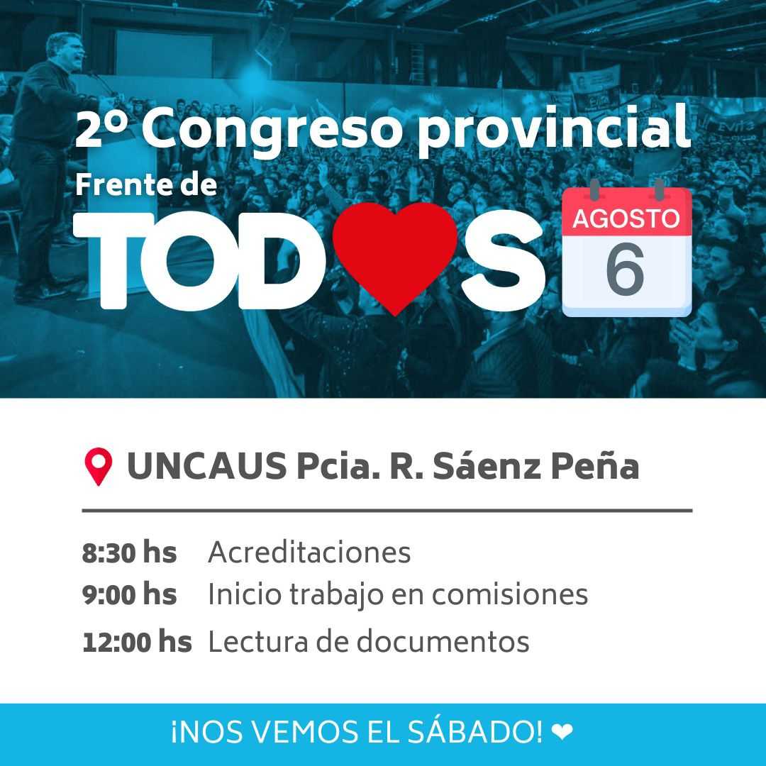 El Frente de Todos se reúne en Congreso, este sábado en Sáenz Peña