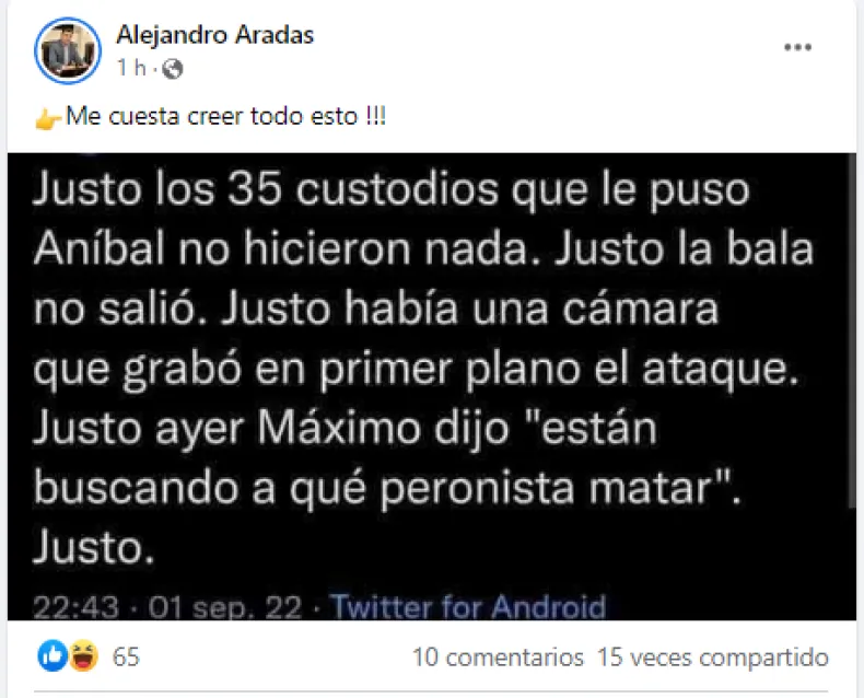 EL Diputado Aradas puso el duda el atentado contra CFK: «Me cuesta creer esto»
