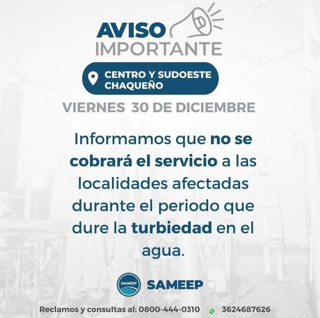 Sameep no cobrará el servicio a localidades afectadas: “mientras dure la turbiedad del agua”