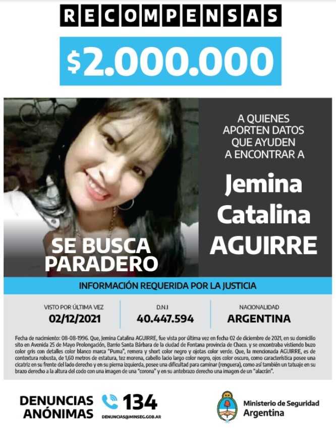Continua la busqueda y datos sobre el paradero de la joven Jemina Catalina Aguirre