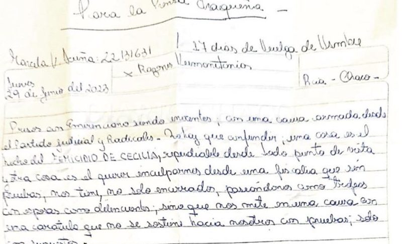 Nueva carta de Marcela Acuña desde la cárcel: «Presos con Emerenciano siendo inocentes; con una causa armada desde el partido judicial y radicales»