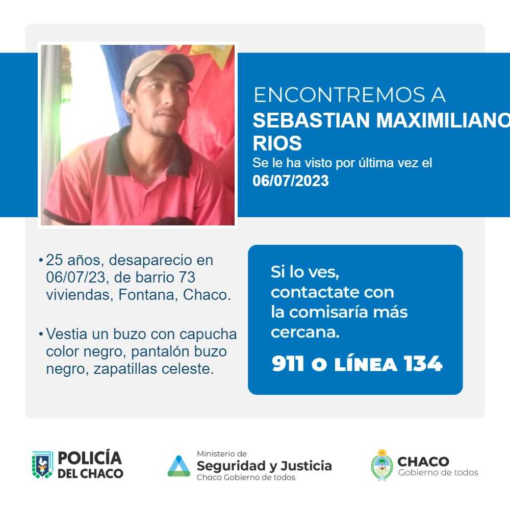 Poocia de la provincia busca a Sebastián Maximiliano Ríos