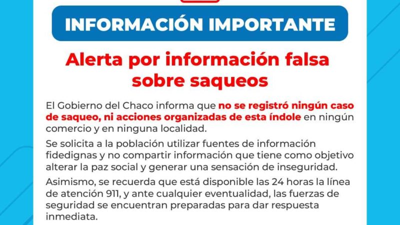 El gobierno provincial, informa que en Chaco no hubó ningun saqueo y advierten sobre noticias falsas