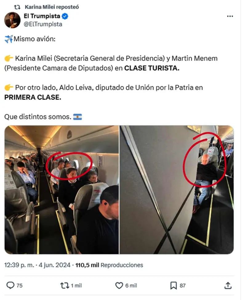 Reposteo: En el mismo avión, Karina Milei viaja en clase ecónomica mientras el Diputado Leiva lo hace en «Premium»