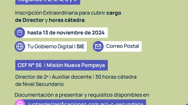 Educacion convoca para para cubrir cargos en NUEVA POMPEYA: SE ENCUENTRA ABIERTA INSCRIPCIÓN PARA DIRECTOR Y HORAS CÁTEDRA